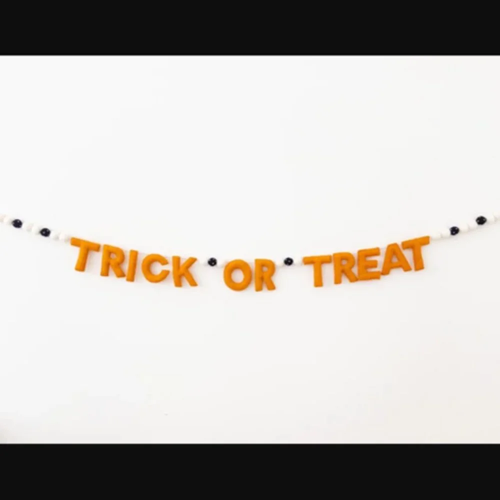 Trick Or Treat Black Orange White 6 Foot Garland Felted Wool Puffy Letters Balls